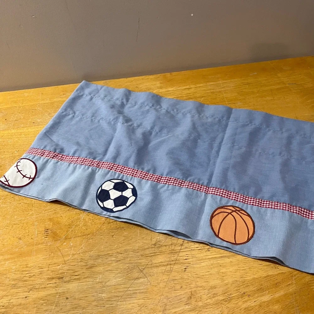 Vtg Sports Theme Blue Window Valance Gingham Trim Soccer Basketball 58x14